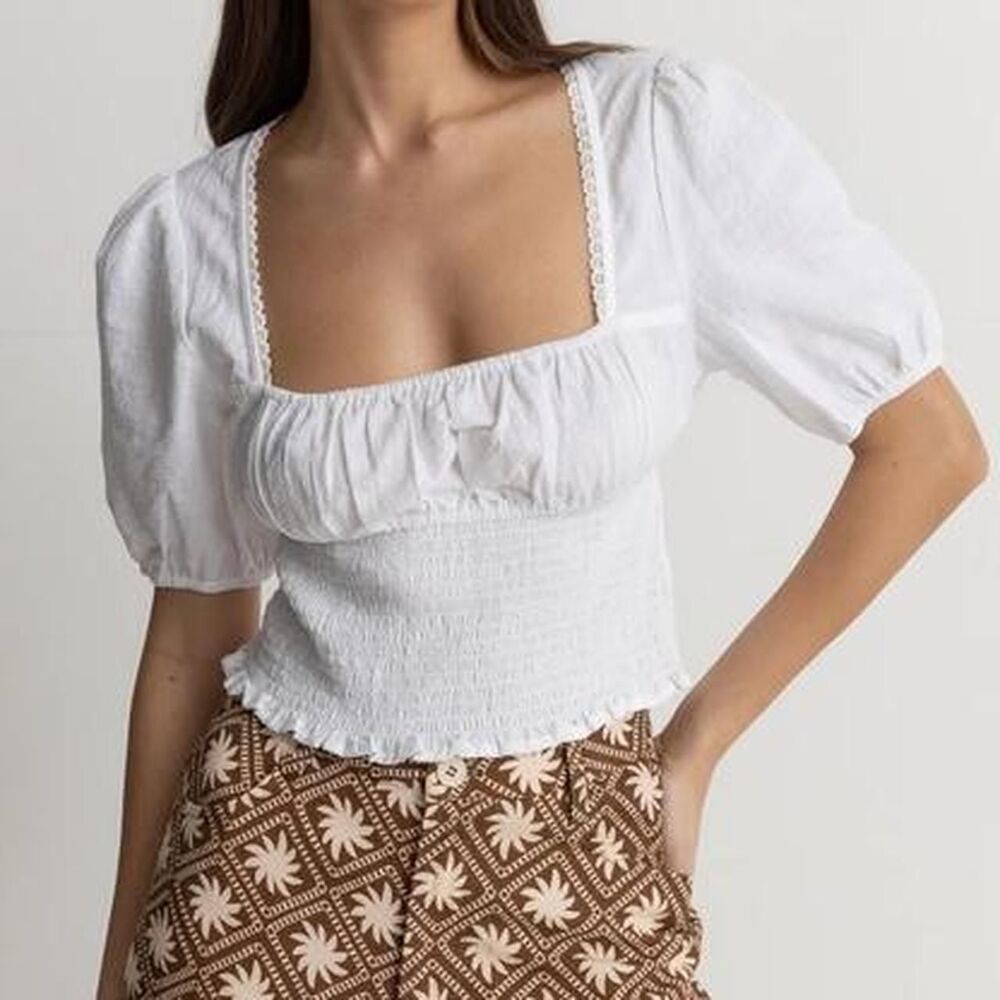 Rhythm Bonny White Cotton Square Neck Puff Sleeve Blouse Size Large